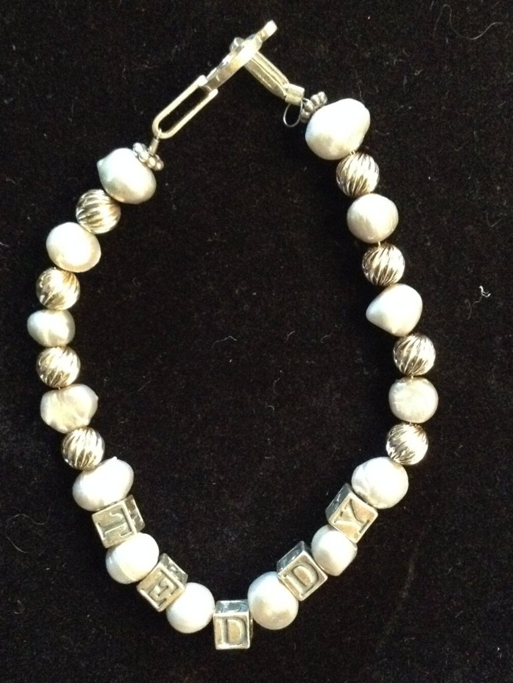 VTG 80's Fresh Water Pearls Silver ID Bracelet "Teddy" Baby Bracelet Kidcore ID